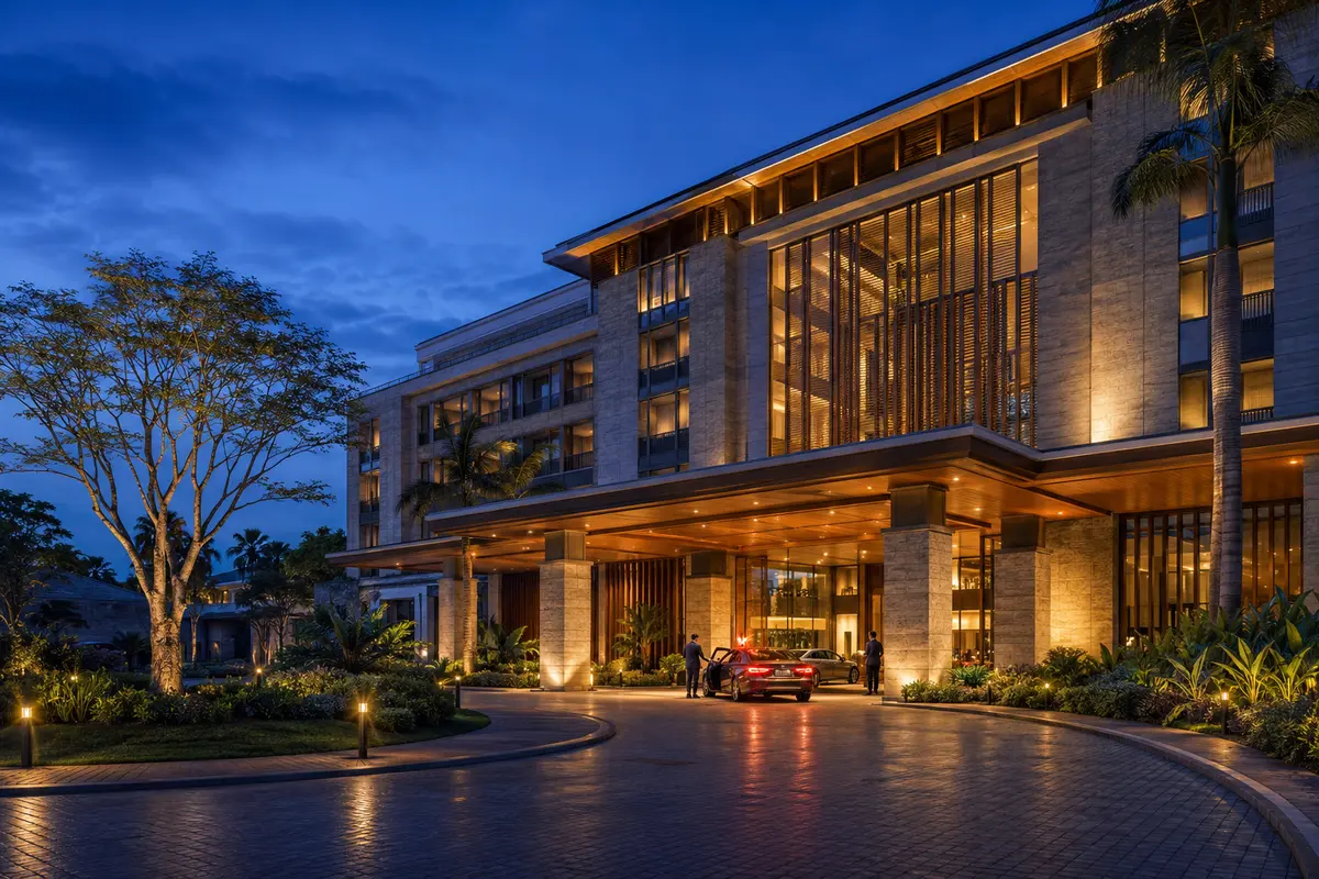 Fictional premium Abuja hotel concept at blue hour