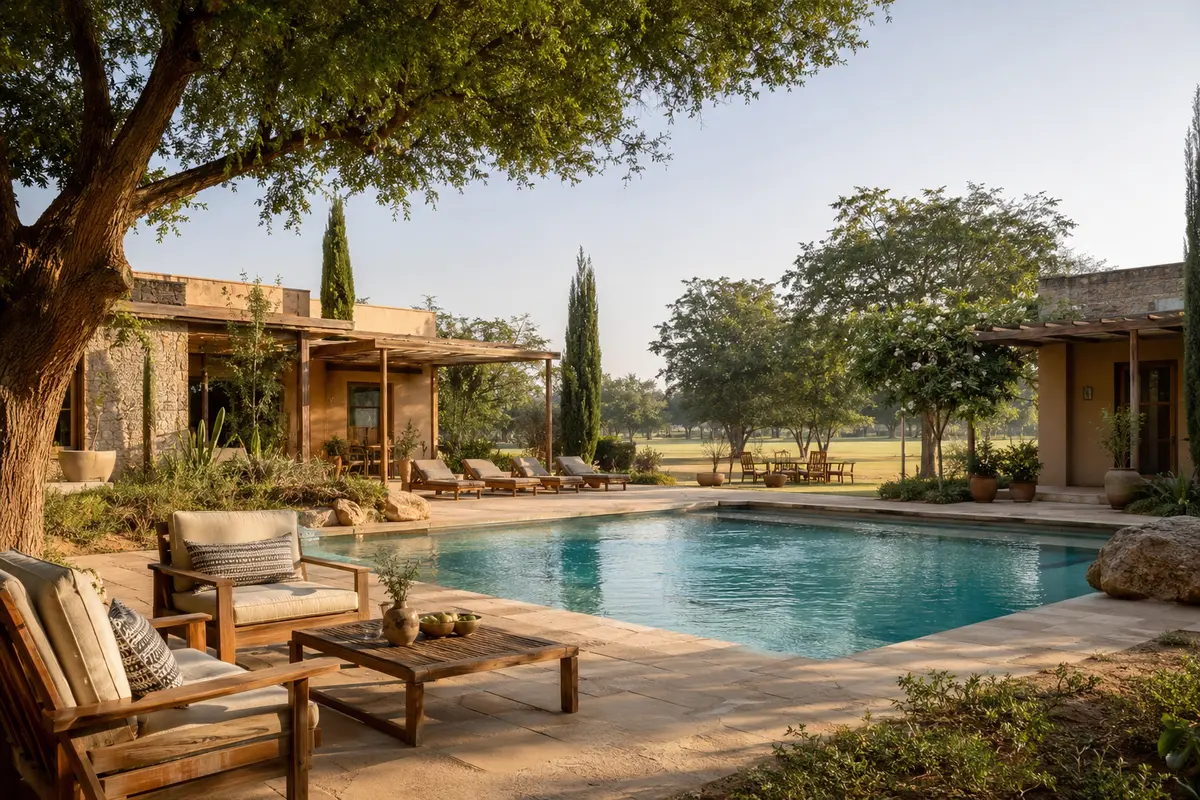 Fictional resort pool and garden